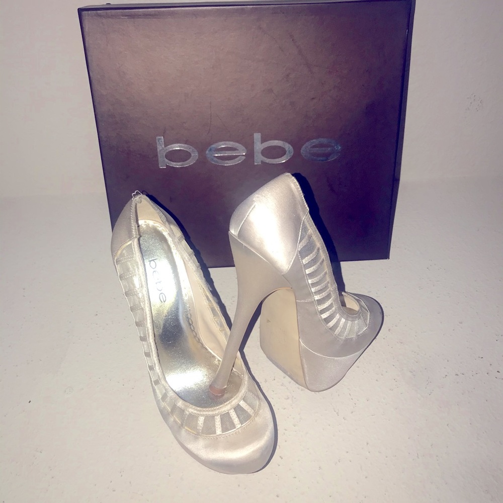 Bebe “Sofia” gold/nude satin heels